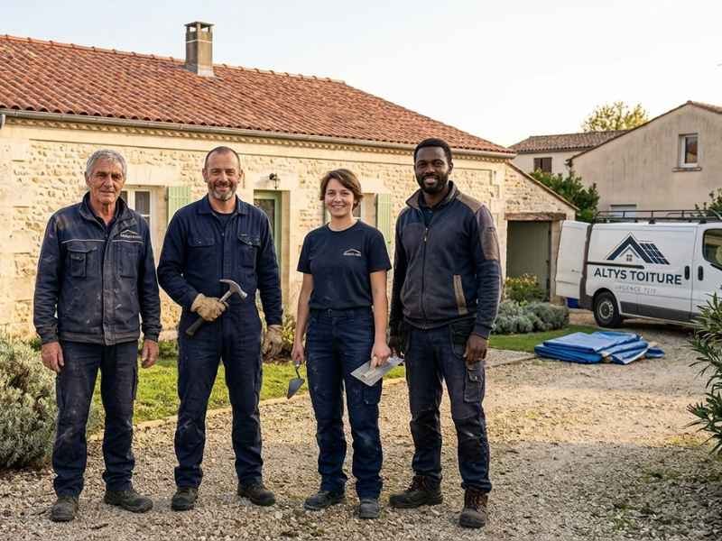 L’équipe d’Altys Toiture devant son fourgon, outils à la main, après une intervention